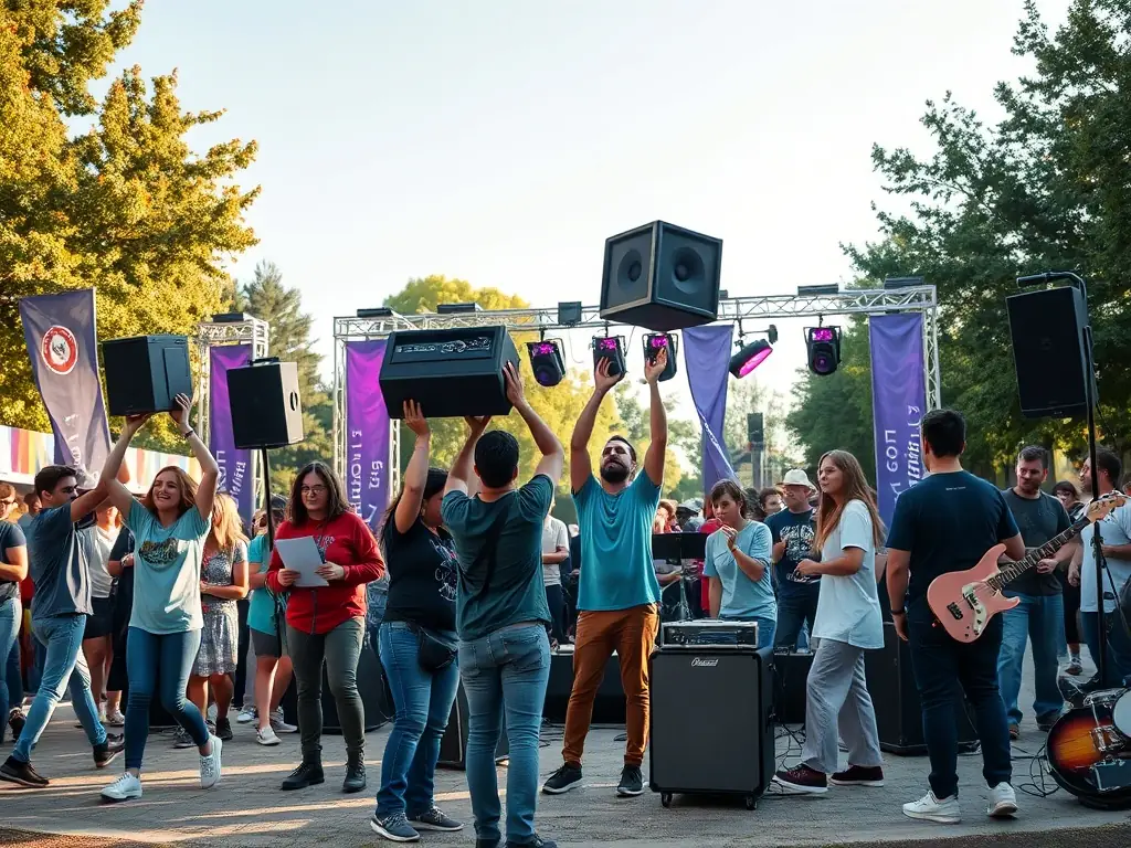 A group of volunteers setting up for a local music event, emphasizing the community engagement aspect of VAGUERY RECORDS.