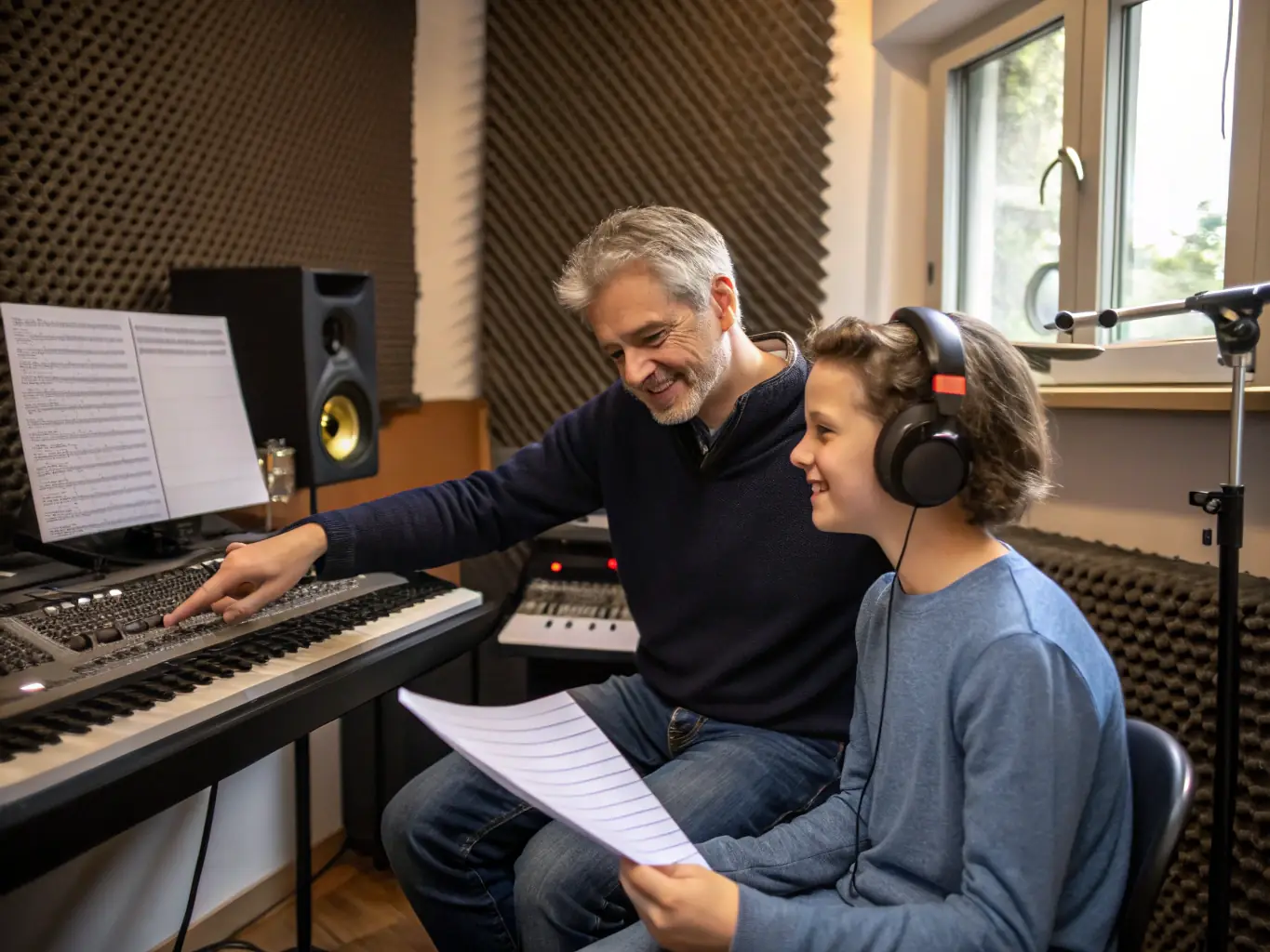 A musician receiving mentorship from an experienced producer, highlighting the artist development programs at VAGUERY RECORDS.