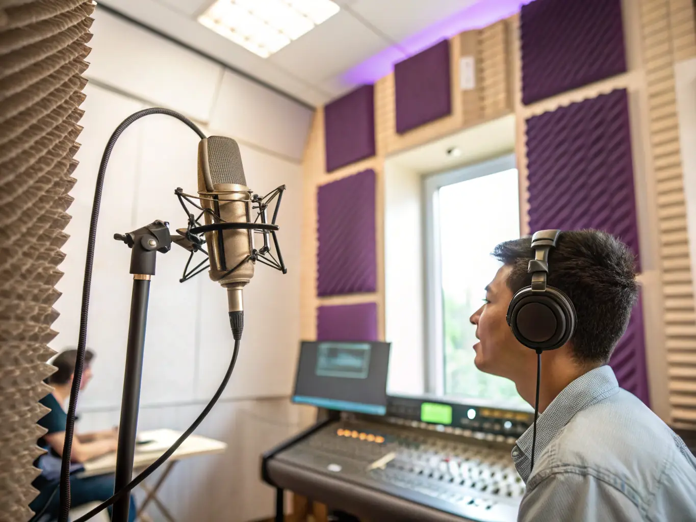 An image of a young artist recording in a professional studio, surrounded by music equipment and a producer guiding them. The artist is focused and passionate, reflecting the dedication VAGUERY RECORDS invests in artist development.