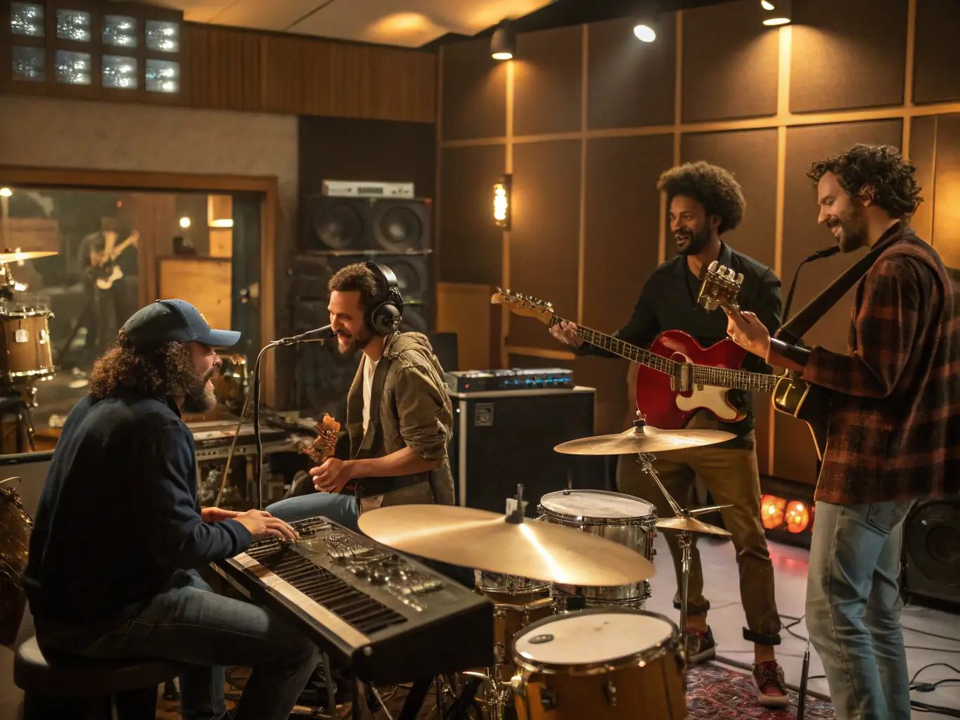 A diverse group of musicians collaborating in a recording studio, showcasing the collaborative environment at VAGUERY RECORDS.