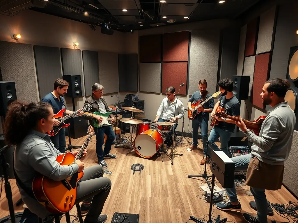 A diverse group of musicians collaborating in a recording studio, showcasing VAGUERY RECORDS' commitment to artist development and support.